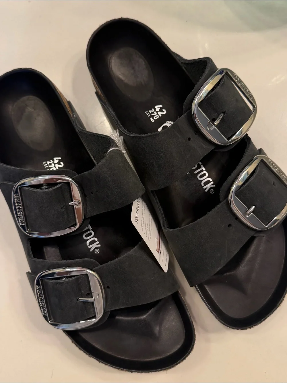 Birkenstock Black Two-Strap Sandals with Silver Buckles